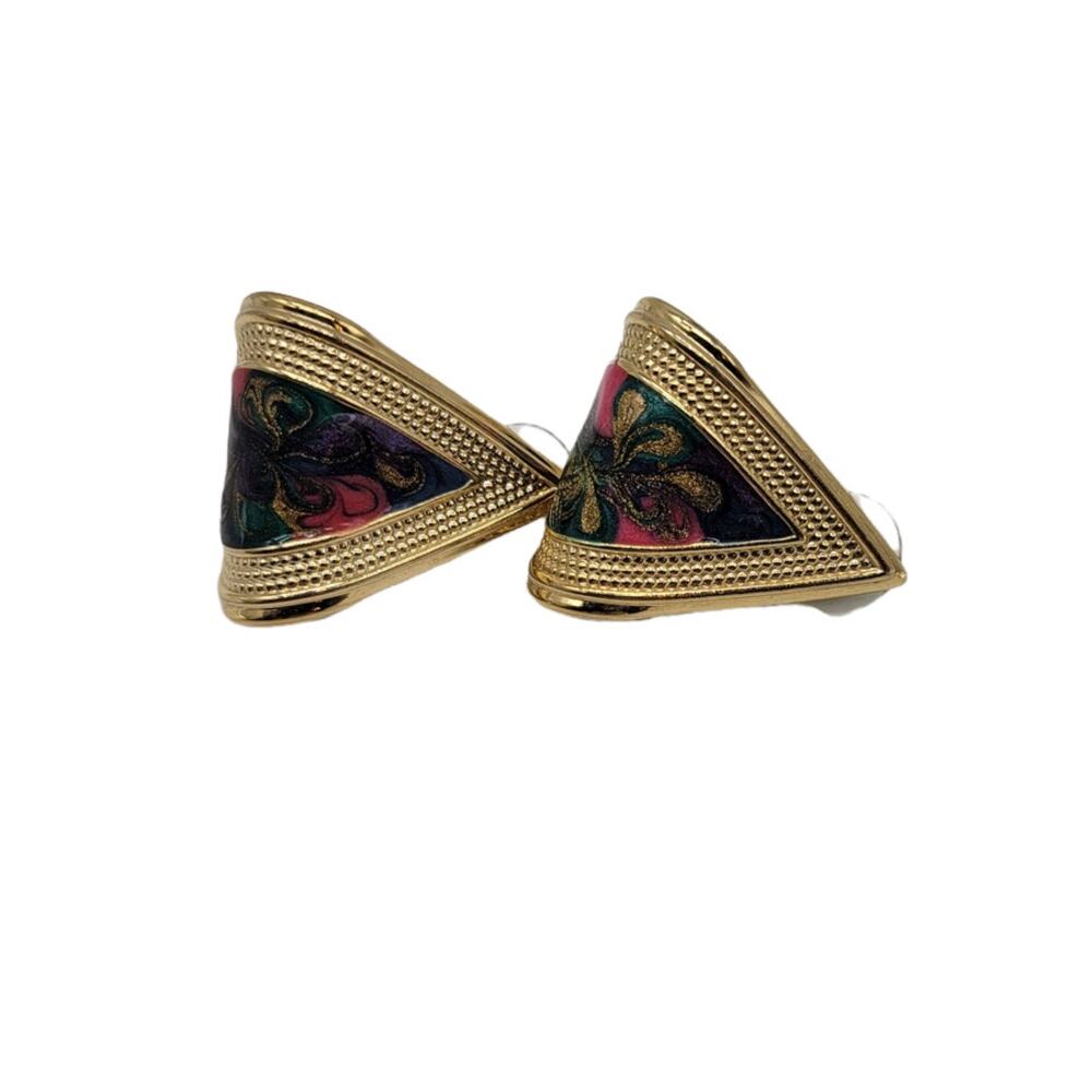 Vintage Painted Bent Oval Shape Pierced Earring Set Estate Jewelry 80's 90's